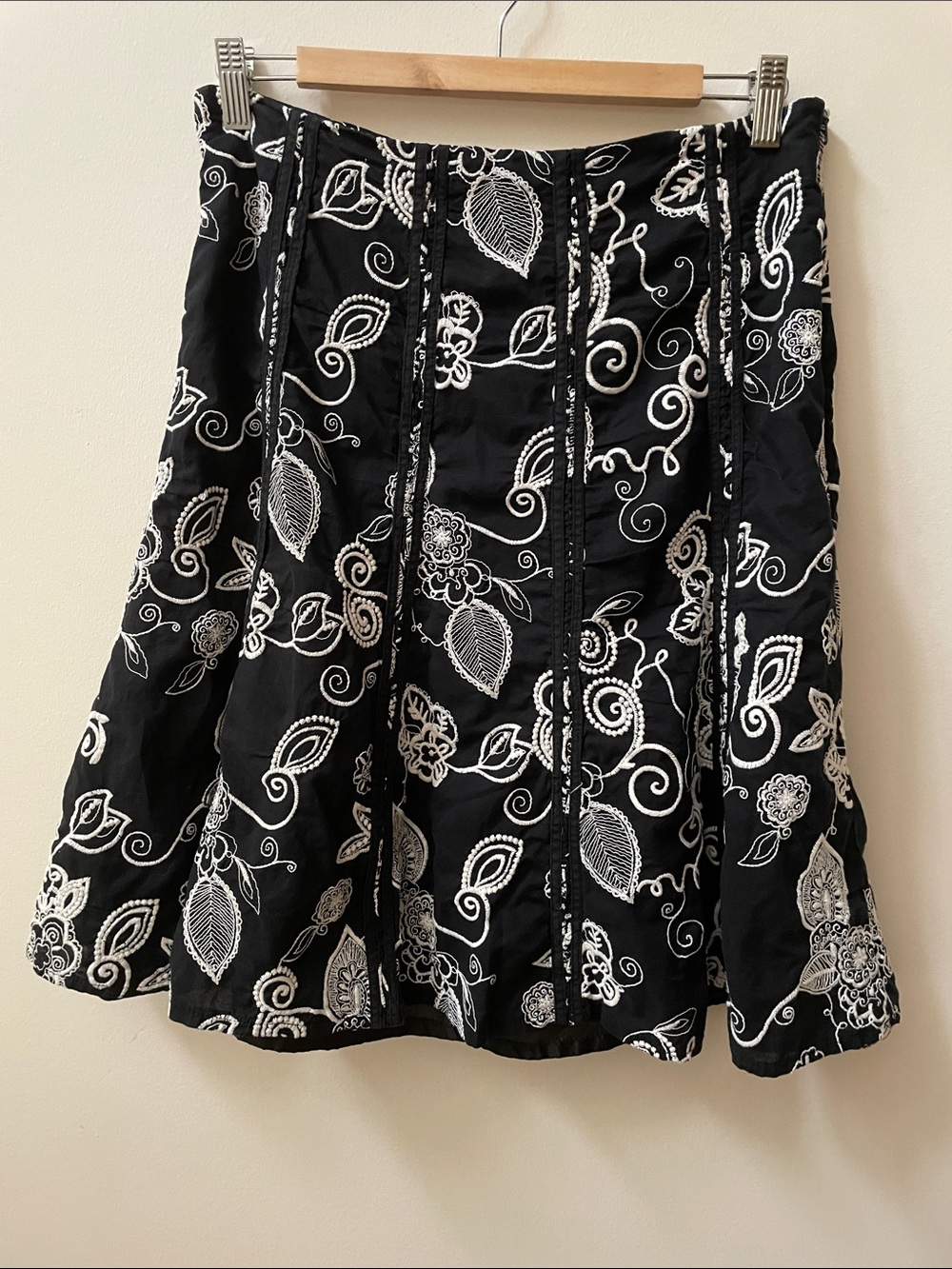 Y2K Dalia Collection Black Skirt with White leaf Embroidery fit n flare panel